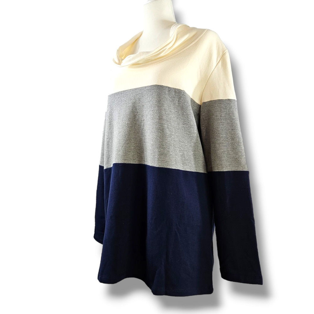 EUC Real Comfort Color Block Soft Cozy Cowlneck‎ Top Sz. L Cream Gray Blue